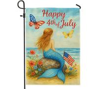 Happy 4th of July Garden Flag, Mermaid Beach Decor Banner, Double Face Summer Outdoor Lawn Decoration Patriottica Butterfly Floral Home Decor 30,5 x 45,7 cm