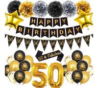Happy 50th Birthday Decorations Men - 33 pz Nero Oro Banner Triangolo Stella Numero 50 Palloncino Sash Pom Pom Palloncini in Lattice per Lui Uomini Saluti a 50 Compleanno Party Decor Set