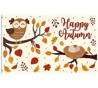 Happy Autumn Cute Owl Bird Eggs Nest Branches Fall Leaves Bandiera Dei Pirati 90X150Cm Stagionali Bandiere Da Cortile Durevole Bandiera Per Cortile Festival Il Portico