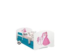 Happy Babies - CAMA para Niños DE Doble Cara con CAJÓN Diseño Moderno con Bordes Seguros y Eolchón de Espuma Anticaída 7 cm Azul (09. Princesa con Caballo, 160x80)
