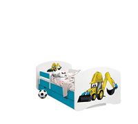 Happy Babies - CAMA para Niños DE Doble Cara con CAJÓN Diseño Moderno con Bordes Seguros y Eolchón de Espuma Anticaída 7 cm Azul (32. Excavadora, 140x70)