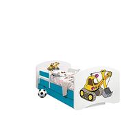 Happy Babies - CAMA para Niños DE Doble Cara con CAJÓN Diseño Moderno con Bordes Seguros y Eolchón de Espuma Anticaída 7 cm Azul (71. Excavadora amarilla, 180x90)