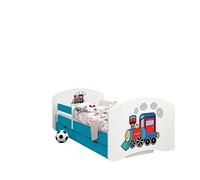 Happy Babies - CAMA para Niños DE Doble Cara con CAJÓN Diseño Moderno con Bordes Seguros y Eolchón de Espuma Anticaída 7 cm Azul (63. Locomotora, 140x70)