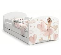 Happy Babies Lettino per bambini, 144 x 82 cm, bianco, motivo orso e coniglio con arcobaleno, set completo con materasso e cassetto (n. 454)