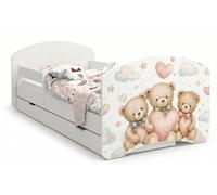 Happy Babies Lettino per bambini, 144 x 82 cm, bianco, motivo orso e coniglio con arcobaleno, set completo con materasso e cassetto (n. 459)