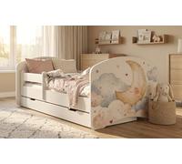 Happy Babies Lettino per bambini, 160 x 80 cm, bianco, motivo orso e coniglio con arcobaleno, set completo con materasso e cassetto (n. 458)