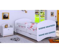 Happy Babies Lettino per bambini, con protezione anti-caduta, 140 x 70 cm, letto per cameretta dei bambini, con cassetto e materasso, letto singolo per bambini, grafica personale - foto del nome del