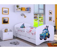 Happy Babies Lettino per bambini - con protezione anticaduta ragazzo 140 x 70 cm, letto per cameretta dei bambini, con cassetto e materasso, letto singolo per bambini, motivo cani, immagini carine
