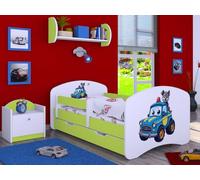 Happy Babies Lettino per bambini, con protezione contro le cadute, 140 x 70 cm, per cameretta dei bambini, con cassetto e materasso, letto singolo per bambini, motivo cani, immagini (verde) (Niebieski