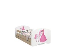 Happy Babies - LIT D'ENFANT DOUBLE FACE AVEC TIROIR Design moderne avec bords sûrs et protection contre les chutes Matelas en mousse 7 cm Poire clair (Principessa con cavallo, 190/90)