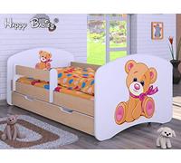 Happy Babies - LIT D'ENFANT DOUBLE FACE AVEC TIROIR Design moderne avec bords sûrs et protection contre les chutes Matelas en mousse 7 cm Poire clair (Orsacchiotto con fiocco, 160/80)
