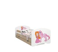 Happy Babies - LIT D'ENFANT DOUBLE FACE AVEC TIROIR Design moderne avec bords sûrs et protection contre les chutes Matelas en mousse 7 cm Poire clair (Principessa e unicorno, 140/70)