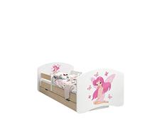 Happy Babies - LIT D'ENFANT DOUBLE FACE AVEC TIROIR Design moderne avec bords sûrs et protection contre les chutes Matelas en mousse 7 cm Poire clair (Principessa con farfalle, 190/90)