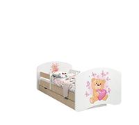 Happy Babies - LIT D'ENFANT DOUBLE FACE AVEC TIROIR Design moderne avec bords sûrs et protection contre les chutes Matelas en mousse 7 cm Poire clair (Orsacchiotto innamorato, 160/80)