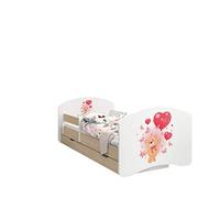 Happy Babies - LIT D'ENFANT DOUBLE FACE AVEC TIROIR Design moderne avec bords sûrs et protection contre les chutes Matelas en mousse 7 cm Poire clair (Orso con palloncini, 180/90)