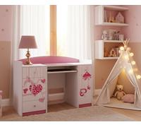 Happy Babies Scrivania da ufficio con ripiano per tastiera, per bambini, 125 x 89 x 60 cm, scrivania per PC, ragazza, con ripiano per tastiera, bianco, rosa, motivo cuori