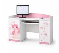 Happy Babies - Scrivania per bambini con cassetti, tavolo per computer con ripiano per tastiera, scrivania per bambini con spazio di archiviazione, 125x89x60, motivo farfalle e fata