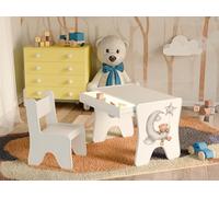 Happy Babies - Set di sedie da scrivania per bambini, tavolo da gioco ergonomico con ampio cassetto - tavolo da apprendimento e gioco per bambini - mobili per l'asilo orsacchiotto (bianco)