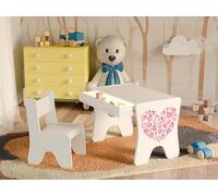 Happy Babies - Set di sedie da scrivania per bambini, tavolo da gioco ergonomico con ampio cassetto - tavolo da apprendimento e gioco per bambini - mobili per bambini, piccoli cuori (bianco)