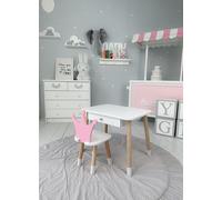 Happy Babies Tavolo per bambini con 1 sedia e cassetto, sedia decorativa, in legno, bianco, tavolino piccolo, cameretta dei bambini, dimensioni: 46 x 60 x 45 cm, colore rosa (modello 1)