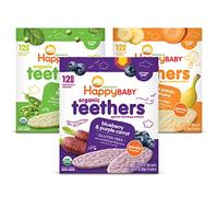 Happy Baby Organic Teethers Gentle Teething Wafers 3 Flavor Sampler Bundle: (1) Pea & Spinach Teething Wafers, (1) Sweet Potato & Banana Wafers, and (1) Blueberry & Purple Carrot Wafers, 1.7 Oz. Ea. by Happy Baby