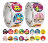 Happy Birthday, 1000 pezzi, rotondi, autoadesivi per compleanno, 16 disegni con linee di perforazione per la cottura, sacchetti regalo, biglietti di compleanno, regali