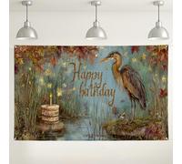 Happy Birthday Airone sfondo da parete, decorazioni rustiche autunnali della natura, torta di candela sfondo fotografico per eventi interni ed esterni, festa autunnale, 180 x 109 cm