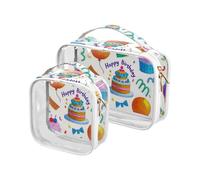 Happy Birthday Balloon Cake Colorful Confezione da 2 trousse da toilette trasparente piccola approvata TSA borsa per il trucco trasparente organizer conforme alle compagnie aeroportuali