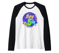 Happy Birthday Boy 5 Disegno Dinosauro Quinto Compleanno Maglia con Maniche Raglan