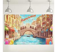 Happy Birthday Canal View Sfondo colorato, decorazioni veneziane per feste, sfondo fotografico per interni ed esterni, per celebrazioni, eventi festivi stagionali, 180 x 109 cm