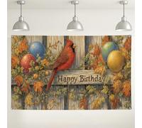 Happy Birthday Cardinale Sfondo da parete, decorazione rustica autunnale per decorazioni per feste, palloncini colorati, sfondo fotografico per eventi autunnali, 180 x 109 cm
