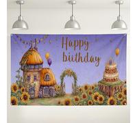 Happy Birthday Cottage Fondale, Fantasioso Design Floreale Decorazioni per Feste, Tema Girasole Interno/Esterno Fotografia Sfondo per Celebrazioni 180 x 109 cm