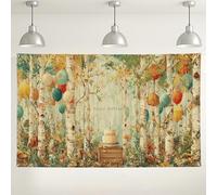 Happy Birthday Forest Sfondo colorato, decorazioni per feste a palloncino, simpatico tema bosco per feste interne/all'aperto, forniture per eventi stagionali autunnali, 180 x 109 cm
