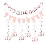 Happy Birthday Ghirlanda decorativa per 30° compleanno, per feste di compleanno, per adulti e bambini, per feste di compleanno, striscione con monogramma, striscione triangolare e 6 vortici sospesi