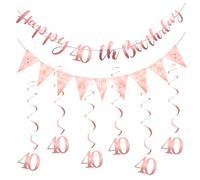 Happy Birthday Ghirlanda decorativa per 40° compleanno, per feste di compleanno, per adulti e bambini, per feste di compleanno, striscione con monogramma, striscione triangolare e 6 vortici sospesi