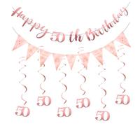 Happy Birthday Ghirlanda decorativa per 50° compleanno, per feste di compleanno, per adulti e bambini, per feste di compleanno, striscione con monogramma, striscione triangolare e 6 vortici sospesi