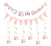 Happy Birthday Ghirlanda decorativa per il 18° compleanno, per feste di compleanno, per adulti e bambini, per feste di compleanno, striscione con monogramma, striscione triangolare e 6 vortici sospesi