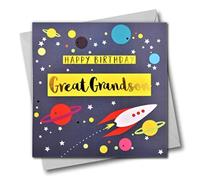Happy Birthday Great Grandson, Rocket and Stars, biglietto d'auguri con testo laminato, oro lucido