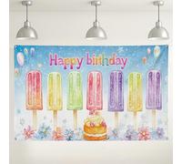 Happy Birthday Ice Cream Popsicle, sfondo colorato divertente per feste, sfondo fotografico a tema dessert estivo per bambini, festa di compleanno per bambini, 180 x 109 cm