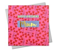 Happy Birthday Mum, Pink Flowers, biglietto di auguri con testo laminato, oro lucido