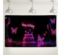 Happy Birthday Neon Cake Sfondale, vivace farfalla e palloncino, divertente decorazione per feste per feste fotografiche, forniture per eventi stagionali festivi, 180 x 109 cm