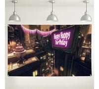 Happy Birthday Neon City Sfondo decorativo, decorazione a tema cielo notturno urbano, perfetto per cabine fotografiche per feste, sfondo festival per celebrazioni, 180 x 109 cm