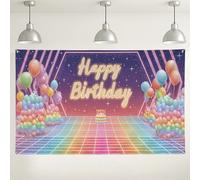 Happy Birthday Neon Sfondo Colorato, Palloncini Colorati Decorazioni per Feste, Sfondo Luminoso Stile Retrò per Interni/Esterni, Divertente Forniture per Celebrazioni, 180 x 109 cm