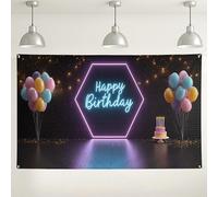Happy Birthday Neon Wall Backdrop, palloncini colorati decorazioni per feste festive, forniture per cabina fotografica per feste al chiuso, 180 x 109 cm