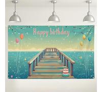 Happy Birthday Ocean Dock, sfondo con palloncini colorati, decorazioni da spiaggia, ideale per feste interne/esterne, celebrazioni estive, 180 x 109 cm