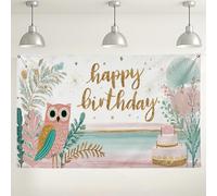 Happy Birthday Owl sfondo da parete, decorazioni floreali bohémien chic per feste, carino sfondo fotografico per interni ed esterni, per baby shower, celebrazioni, 180 x 109 cm