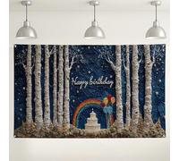 Happy Birthday Rainbow Cake Sfondo per feste, alberi di betulla cielo notturno decorazioni per feste, sfondo fotografico colorato per interni/esterni, per celebrazioni, decorazione stagionale festiva