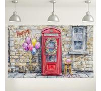 Happy Birthday Red Phone Booth Sfondo, decorazioni floreali vintage per feste, carino sfondo per feste interni/esterni, sfondo per eventi fotografici, 180 x 109 cm