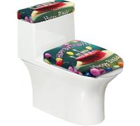 Happy Birthday - Set di 2 copriwater con coperchio del serbatoio, elastico, per WC a forma di U e allungati, decorazione per il bagno, regalo di inaugurazione della casa