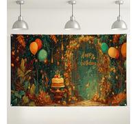 Happy Birthday - Sfondo autunnale da giardino, piante festive, decorazioni vivaci per celebrazioni, sfondo colorato con torta a palloncino per fotografia, eventi, forniture per feste, 180 x 109 cm